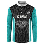Custom New Zealand Stingray Oztag Button Sweatshirt Tag Rugby Maori Pattern Black Version