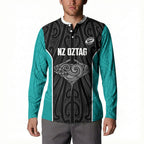 Custom New Zealand Stingray Oztag Button Sweatshirt Tag Rugby Maori Pattern Black Version