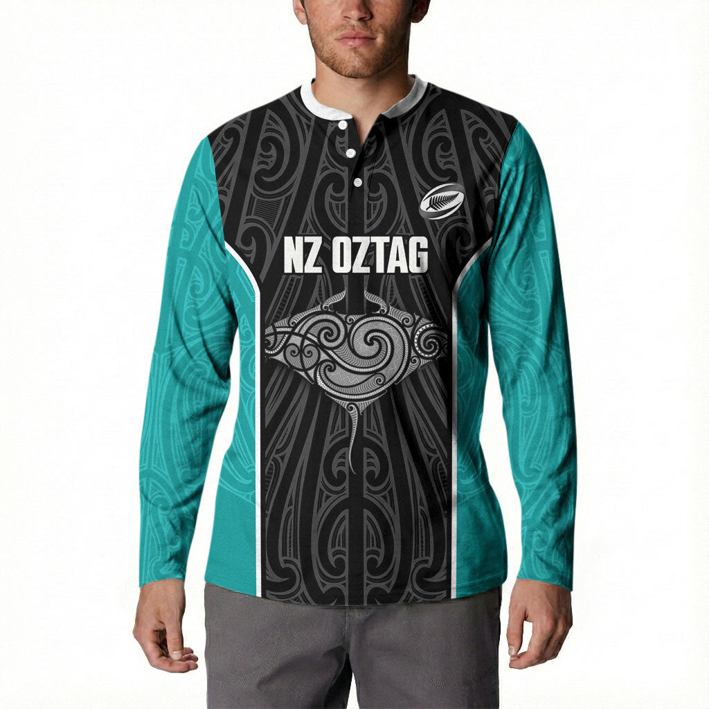 Custom New Zealand Stingray Oztag Button Sweatshirt Tag Rugby Maori Pattern Black Version