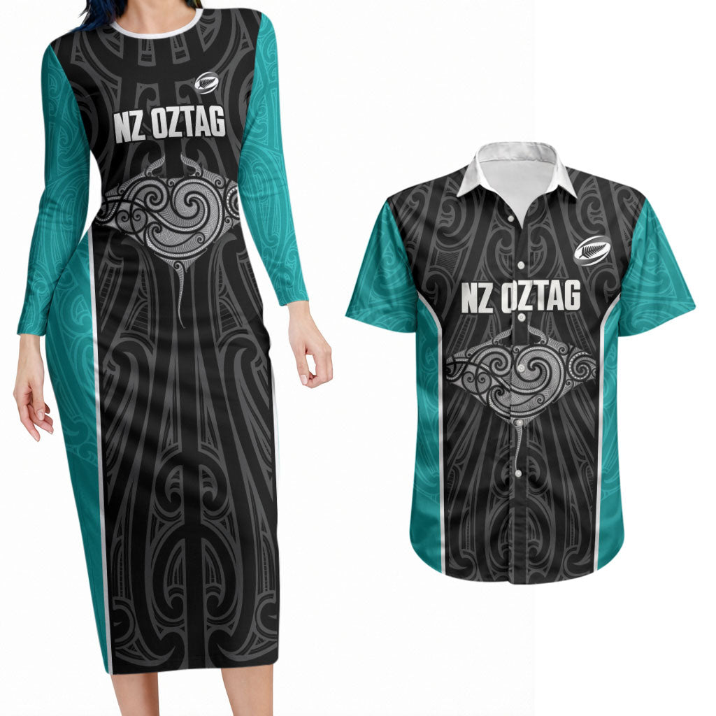Custom New Zealand Stingray Oztag Couples Matching Long Sleeve Bodycon Dress and Hawaiian Shirt Tag Rugby Maori Pattern Black Version