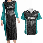 Custom New Zealand Stingray Oztag Couples Matching Long Sleeve Bodycon Dress and Hawaiian Shirt Tag Rugby Maori Pattern Black Version