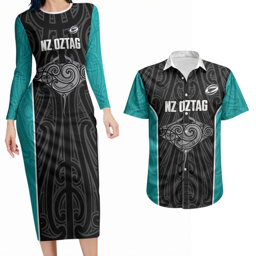 Custom New Zealand Stingray Oztag Couples Matching Long Sleeve Bodycon Dress and Hawaiian Shirt Tag Rugby Maori Pattern Black Version