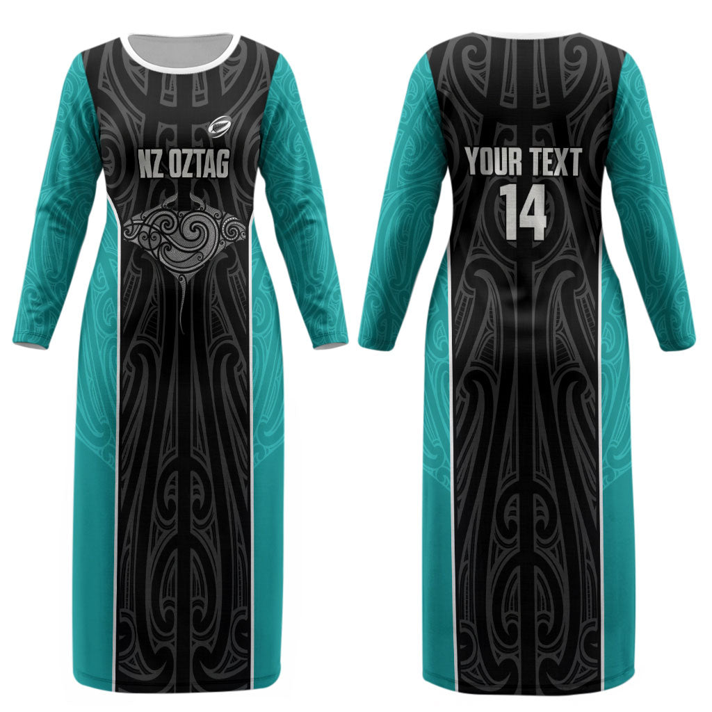 Custom New Zealand Stingray Oztag Couples Matching Long Sleeve Bodycon Dress and Hawaiian Shirt Tag Rugby Maori Pattern Black Version