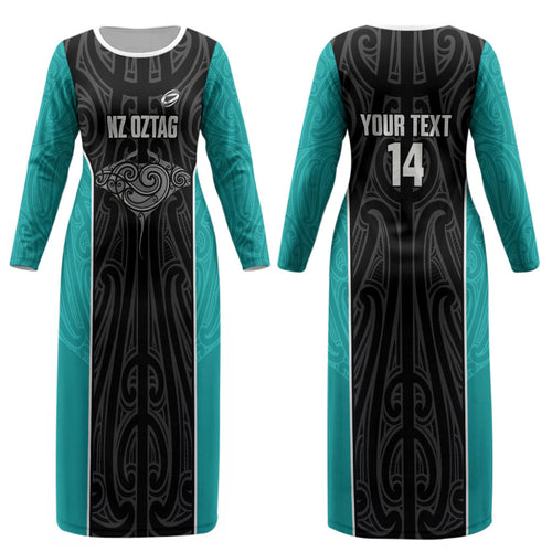 Custom New Zealand Stingray Oztag Couples Matching Long Sleeve Bodycon Dress and Hawaiian Shirt Tag Rugby Maori Pattern Black Version