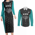 Custom New Zealand Stingray Oztag Couples Matching Long Sleeve Bodycon Dress and Long Sleeve Button Shirt Tag Rugby Maori Pattern Black Version