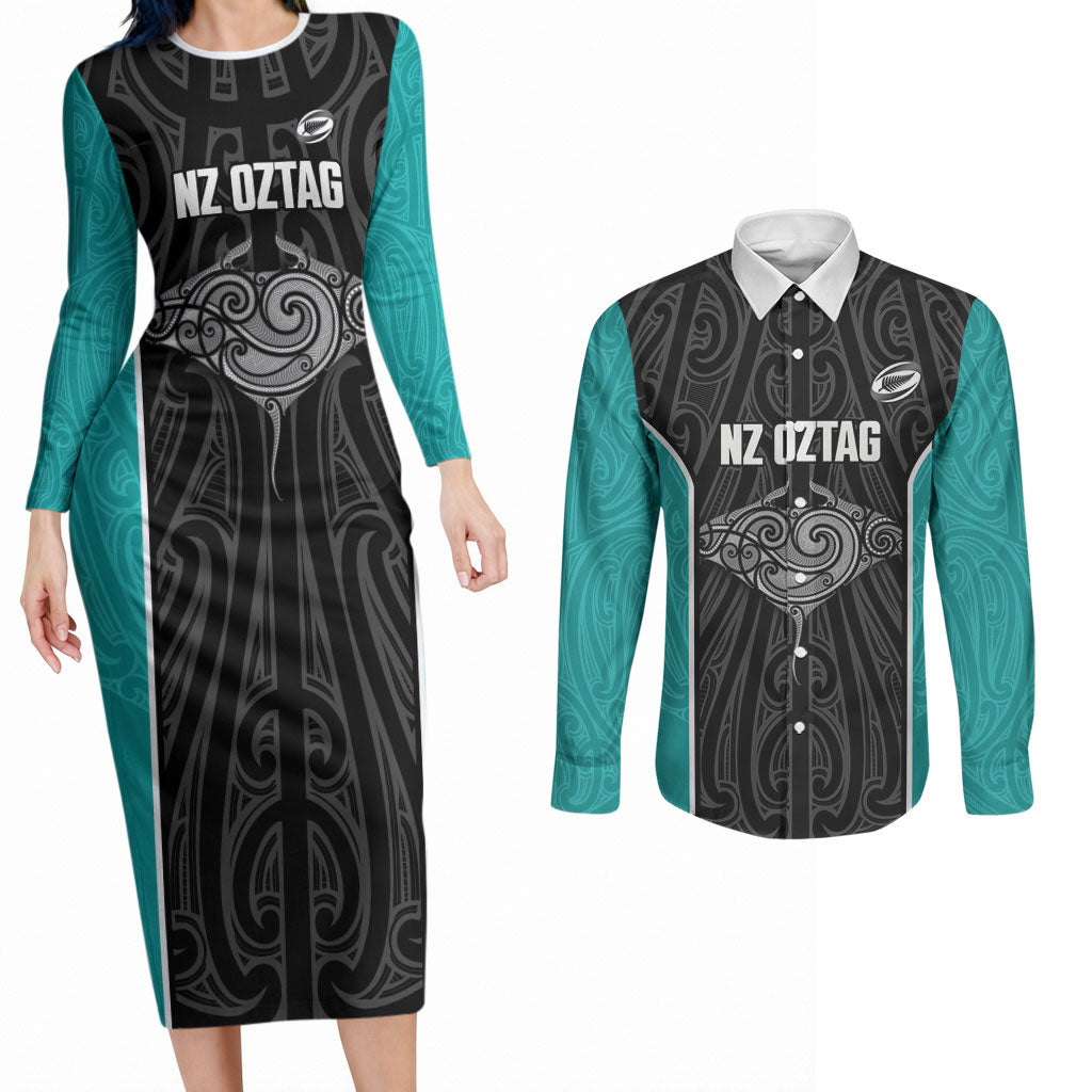 Custom New Zealand Stingray Oztag Couples Matching Long Sleeve Bodycon Dress and Long Sleeve Button Shirt Tag Rugby Maori Pattern Black Version