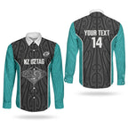 Custom New Zealand Stingray Oztag Couples Matching Long Sleeve Bodycon Dress and Long Sleeve Button Shirt Tag Rugby Maori Pattern Black Version