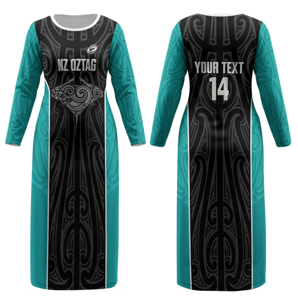Custom New Zealand Stingray Oztag Couples Matching Long Sleeve Bodycon Dress and Long Sleeve Button Shirt Tag Rugby Maori Pattern Black Version