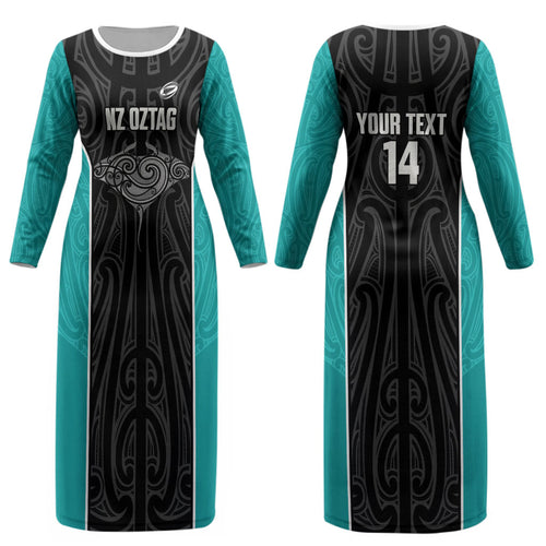Custom New Zealand Stingray Oztag Couples Matching Long Sleeve Bodycon Dress and Long Sleeve Button Shirt Tag Rugby Maori Pattern Black Version