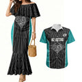 Custom New Zealand Stingray Oztag Couples Matching Mermaid Dress and Hawaiian Shirt Tag Rugby Maori Pattern Black Version