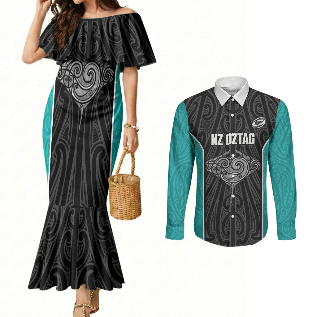 Custom New Zealand Stingray Oztag Couples Matching Mermaid Dress and Long Sleeve Button Shirt Tag Rugby Maori Pattern Black Version