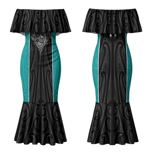 Custom New Zealand Stingray Oztag Couples Matching Mermaid Dress and Long Sleeve Button Shirt Tag Rugby Maori Pattern Black Version