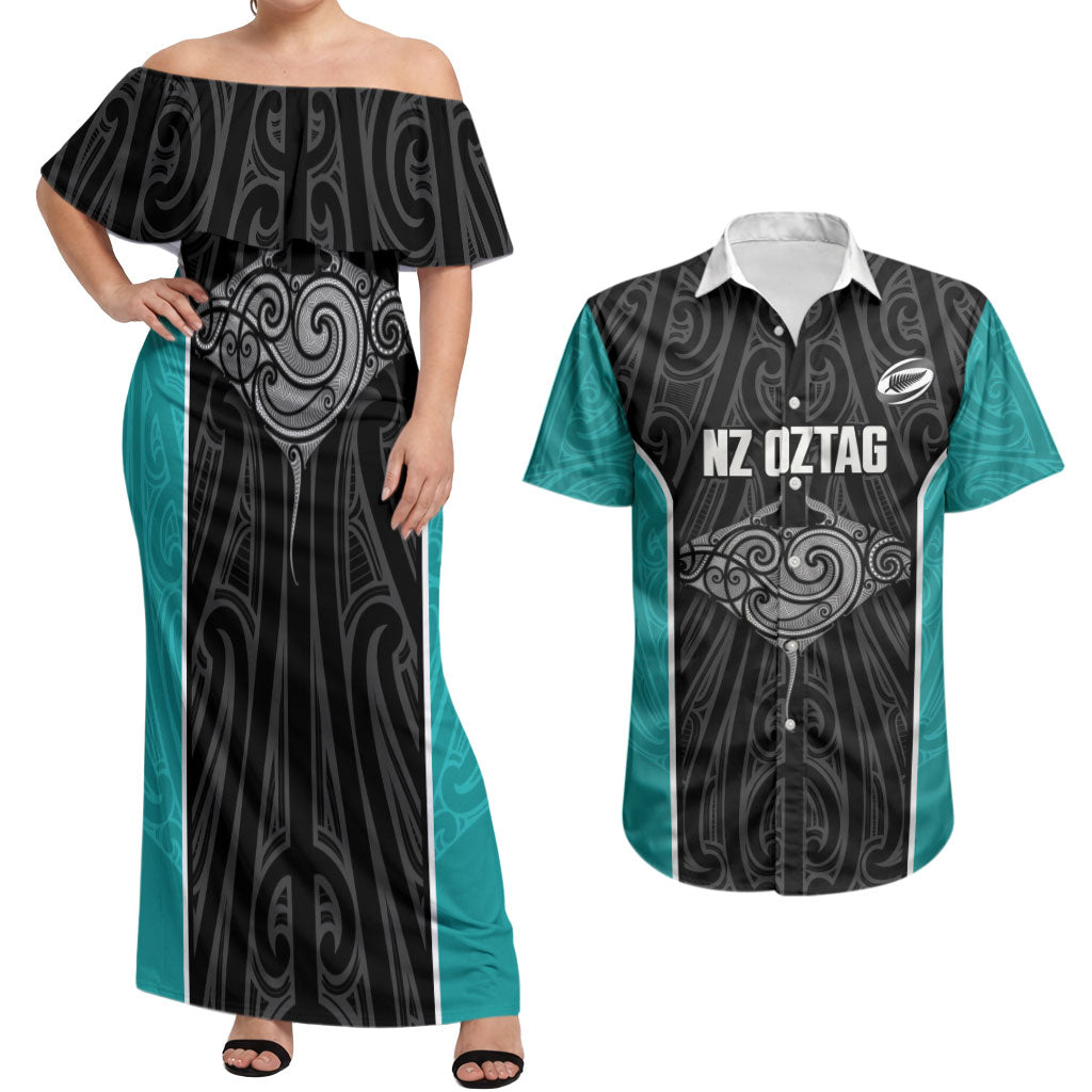 Custom New Zealand Stingray Oztag Couples Matching Off Shoulder Maxi Dress and Hawaiian Shirt Tag Rugby Maori Pattern Black Version