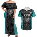 Custom New Zealand Stingray Oztag Couples Matching Off Shoulder Maxi Dress and Hawaiian Shirt Tag Rugby Maori Pattern Black Version