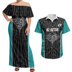 Custom New Zealand Stingray Oztag Couples Matching Off Shoulder Maxi Dress and Hawaiian Shirt Tag Rugby Maori Pattern Black Version