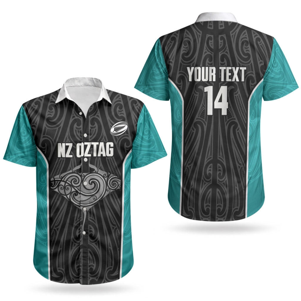 Custom New Zealand Stingray Oztag Couples Matching Off Shoulder Maxi Dress and Hawaiian Shirt Tag Rugby Maori Pattern Black Version