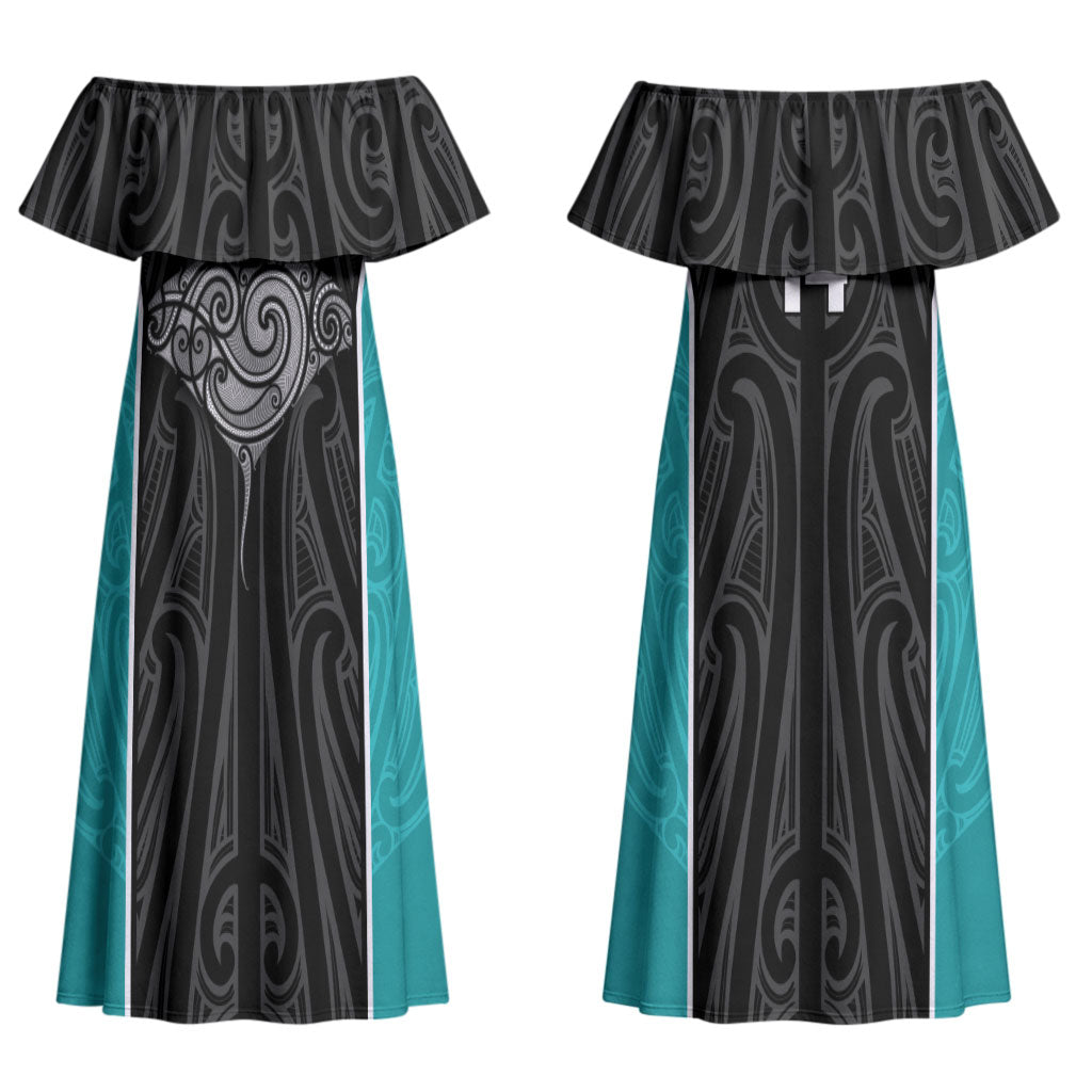 Custom New Zealand Stingray Oztag Couples Matching Off Shoulder Maxi Dress and Hawaiian Shirt Tag Rugby Maori Pattern Black Version