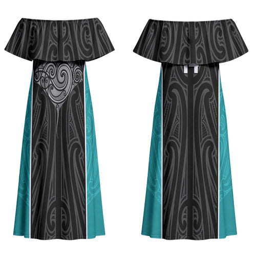 Custom New Zealand Stingray Oztag Couples Matching Off Shoulder Maxi Dress and Hawaiian Shirt Tag Rugby Maori Pattern Black Version