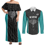 Custom New Zealand Stingray Oztag Couples Matching Off Shoulder Maxi Dress and Long Sleeve Button Shirt Tag Rugby Maori Pattern Black Version