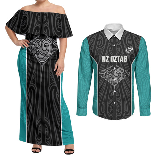 Custom New Zealand Stingray Oztag Couples Matching Off Shoulder Maxi Dress and Long Sleeve Button Shirt Tag Rugby Maori Pattern Black Version