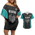 Custom New Zealand Stingray Oztag Couples Matching Off Shoulder Short Dress and Hawaiian Shirt Tag Rugby Maori Pattern Black Version