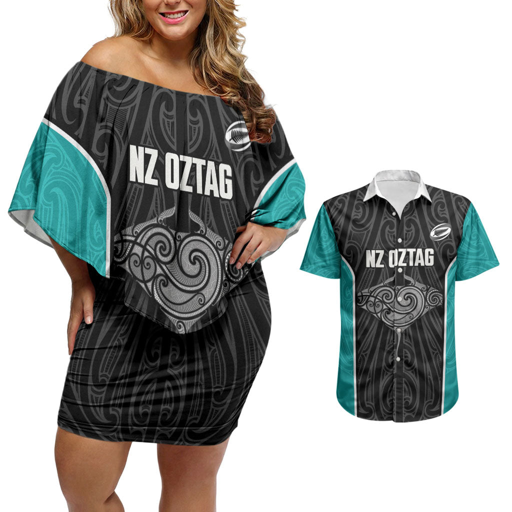 Custom New Zealand Stingray Oztag Couples Matching Off Shoulder Short Dress and Hawaiian Shirt Tag Rugby Maori Pattern Black Version