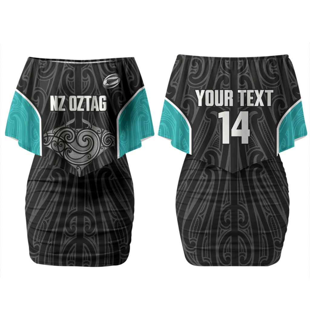 Custom New Zealand Stingray Oztag Couples Matching Off Shoulder Short Dress and Hawaiian Shirt Tag Rugby Maori Pattern Black Version
