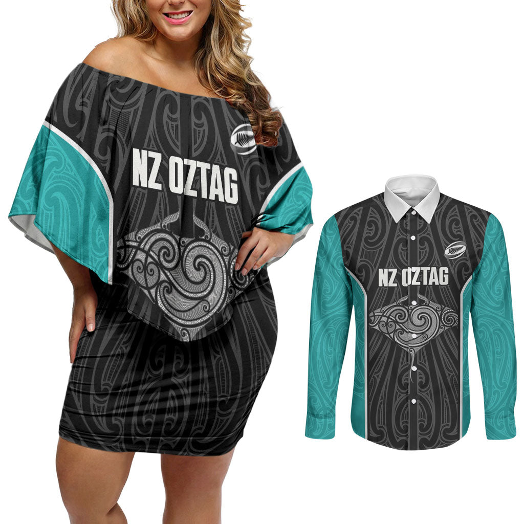Custom New Zealand Stingray Oztag Couples Matching Off Shoulder Short Dress and Long Sleeve Button Shirt Tag Rugby Maori Pattern Black Version