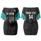 Custom New Zealand Stingray Oztag Couples Matching Off Shoulder Short Dress and Long Sleeve Button Shirt Tag Rugby Maori Pattern Black Version