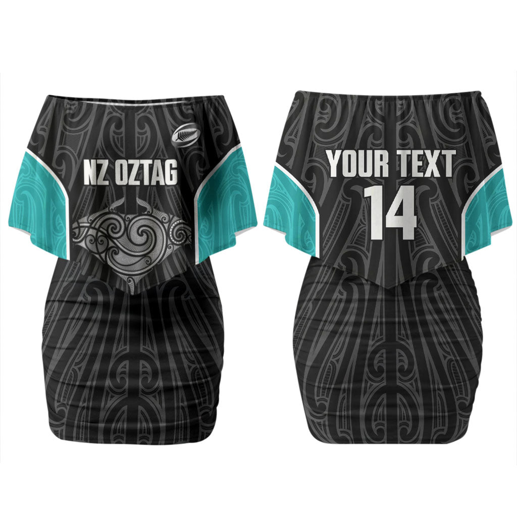 Custom New Zealand Stingray Oztag Couples Matching Off Shoulder Short Dress and Long Sleeve Button Shirt Tag Rugby Maori Pattern Black Version