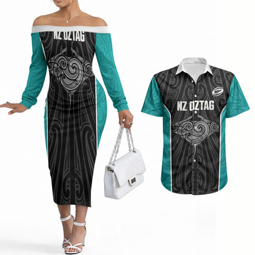 Custom New Zealand Stingray Oztag Couples Matching Off The Shoulder Long Sleeve Dress and Hawaiian Shirt Tag Rugby Maori Pattern Black Version