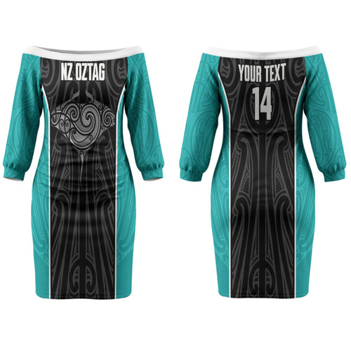 Custom New Zealand Stingray Oztag Couples Matching Off The Shoulder Long Sleeve Dress and Hawaiian Shirt Tag Rugby Maori Pattern Black Version
