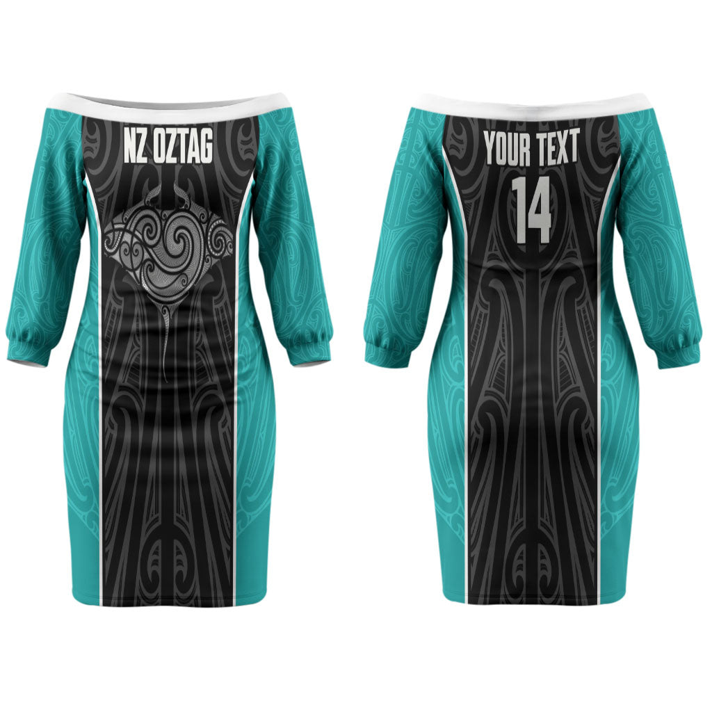 Custom New Zealand Stingray Oztag Couples Matching Off The Shoulder Long Sleeve Dress and Long Sleeve Button Shirt Tag Rugby Maori Pattern Black Version