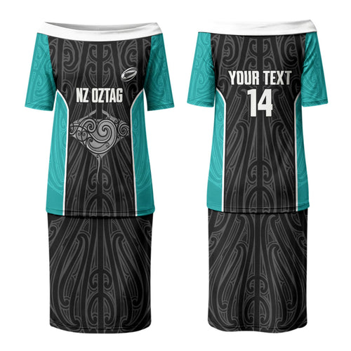 Custom New Zealand Stingray Oztag Couples Matching Puletasi and Hawaiian Shirt Tag Rugby Maori Pattern Black Version