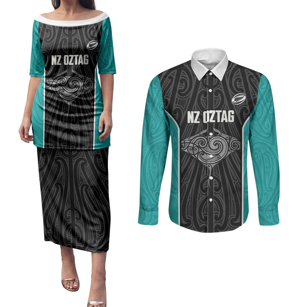 Custom New Zealand Stingray Oztag Couples Matching Puletasi and Long Sleeve Button Shirt Tag Rugby Maori Pattern Black Version