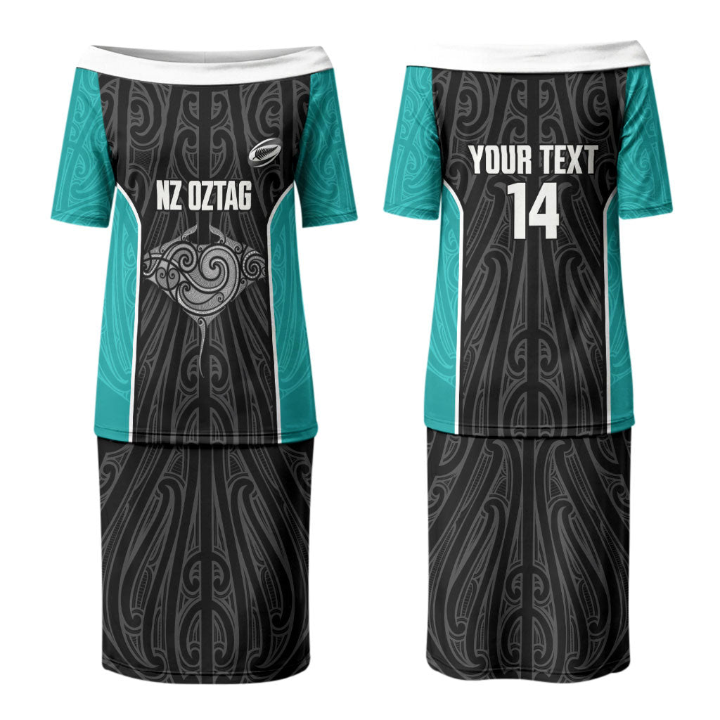Custom New Zealand Stingray Oztag Couples Matching Puletasi and Long Sleeve Button Shirt Tag Rugby Maori Pattern Black Version