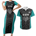 Custom New Zealand Stingray Oztag Couples Matching Short Sleeve Bodycon Dress and Hawaiian Shirt Tag Rugby Maori Pattern Black Version