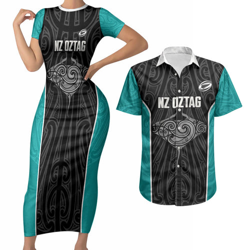 Custom New Zealand Stingray Oztag Couples Matching Short Sleeve Bodycon Dress and Hawaiian Shirt Tag Rugby Maori Pattern Black Version