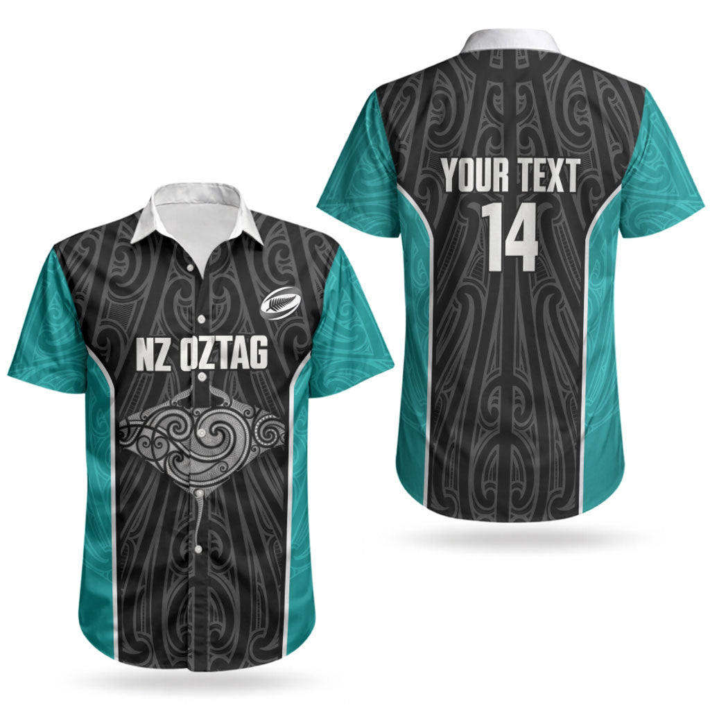 Custom New Zealand Stingray Oztag Couples Matching Short Sleeve Bodycon Dress and Hawaiian Shirt Tag Rugby Maori Pattern Black Version