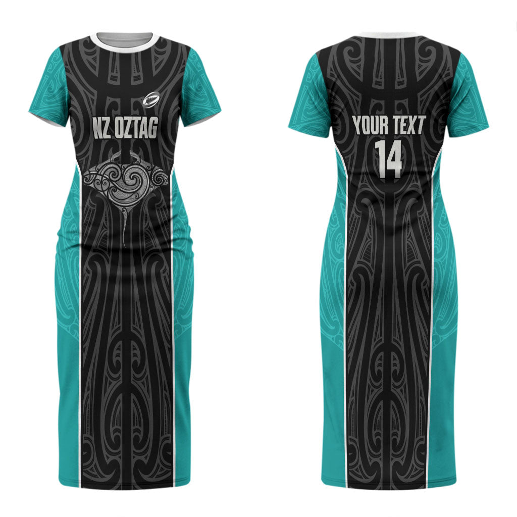 Custom New Zealand Stingray Oztag Couples Matching Short Sleeve Bodycon Dress and Hawaiian Shirt Tag Rugby Maori Pattern Black Version