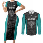 Custom New Zealand Stingray Oztag Couples Matching Short Sleeve Bodycon Dress and Long Sleeve Button Shirt Tag Rugby Maori Pattern Black Version