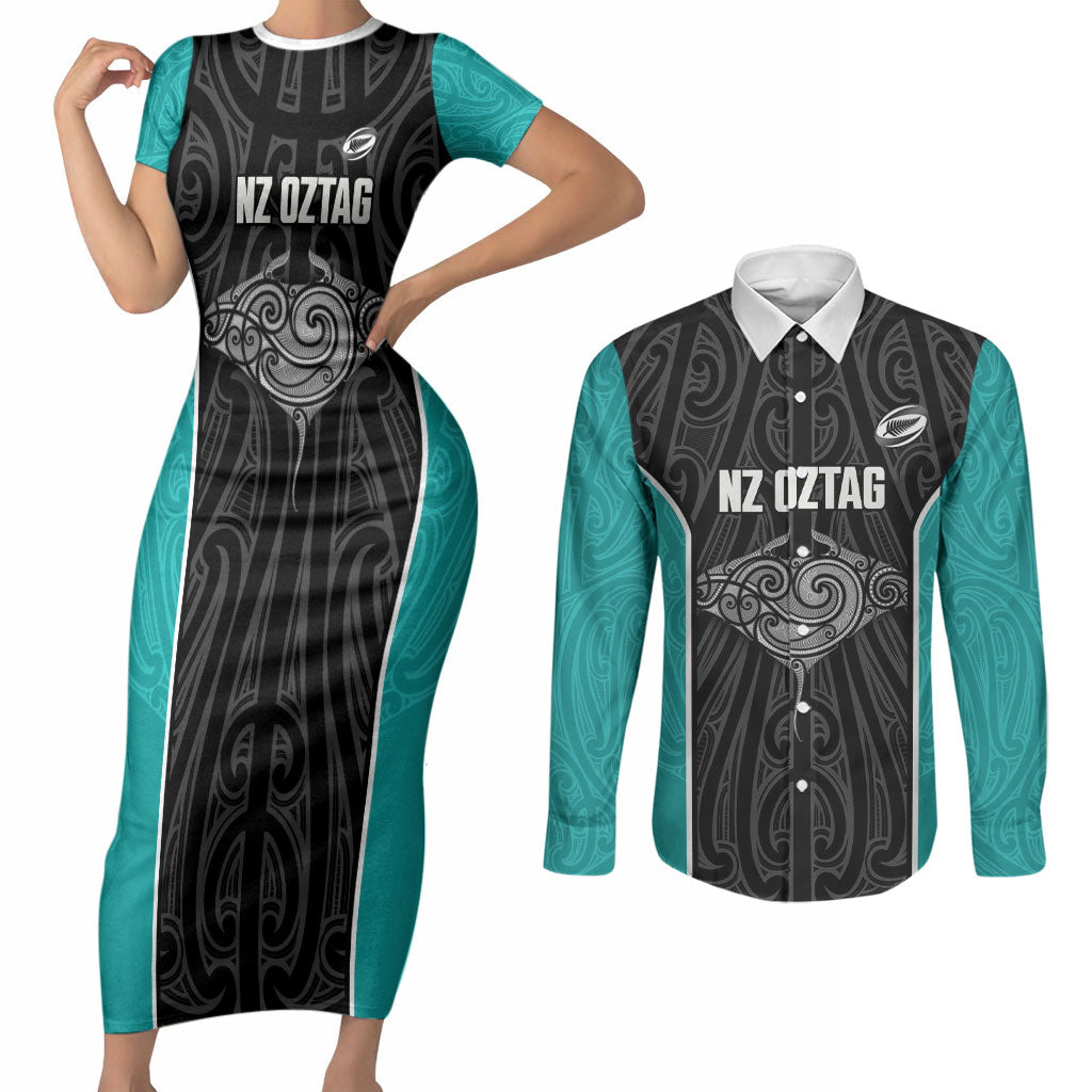 Custom New Zealand Stingray Oztag Couples Matching Short Sleeve Bodycon Dress and Long Sleeve Button Shirt Tag Rugby Maori Pattern Black Version