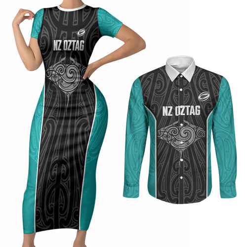 Custom New Zealand Stingray Oztag Couples Matching Short Sleeve Bodycon Dress and Long Sleeve Button Shirt Tag Rugby Maori Pattern Black Version