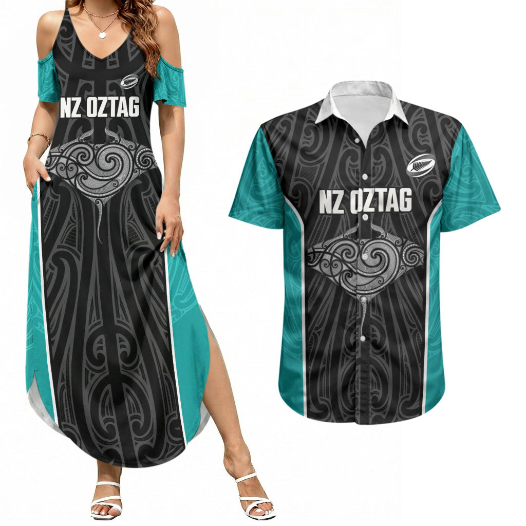 Custom New Zealand Stingray Oztag Couples Matching Summer Maxi Dress and Hawaiian Shirt Tag Rugby Maori Pattern Black Version