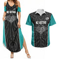 Custom New Zealand Stingray Oztag Couples Matching Summer Maxi Dress and Hawaiian Shirt Tag Rugby Maori Pattern Black Version