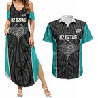 Custom New Zealand Stingray Oztag Couples Matching Summer Maxi Dress and Hawaiian Shirt Tag Rugby Maori Pattern Black Version