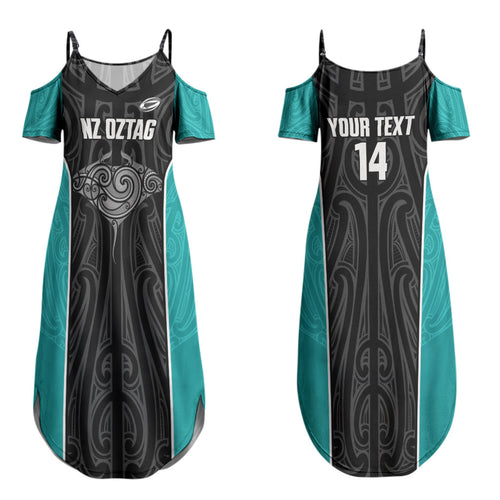 Custom New Zealand Stingray Oztag Couples Matching Summer Maxi Dress and Hawaiian Shirt Tag Rugby Maori Pattern Black Version