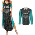 Custom New Zealand Stingray Oztag Couples Matching Summer Maxi Dress and Long Sleeve Button Shirt Tag Rugby Maori Pattern Black Version