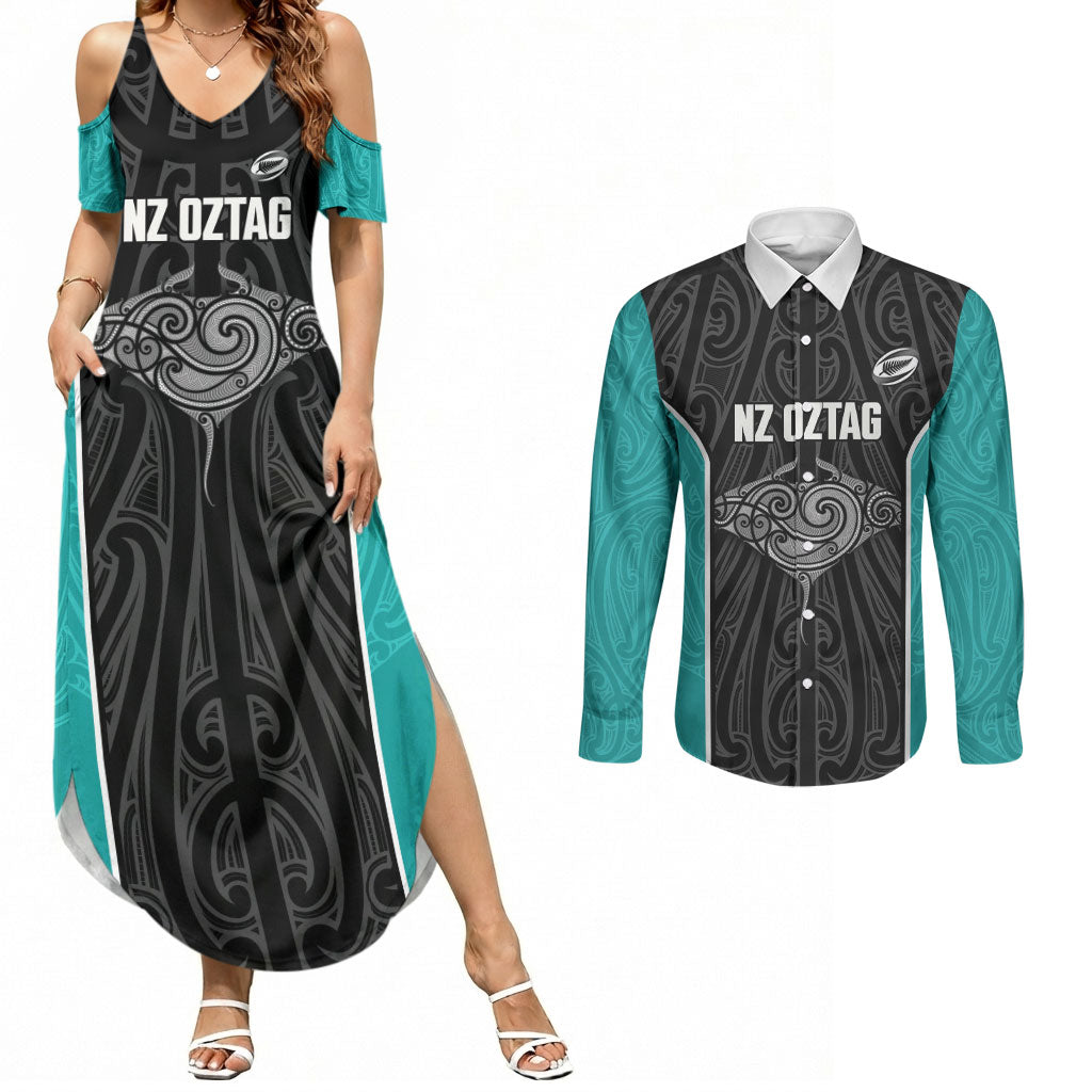Custom New Zealand Stingray Oztag Couples Matching Summer Maxi Dress and Long Sleeve Button Shirt Tag Rugby Maori Pattern Black Version