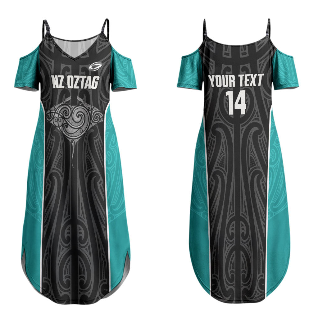 Custom New Zealand Stingray Oztag Couples Matching Summer Maxi Dress and Long Sleeve Button Shirt Tag Rugby Maori Pattern Black Version